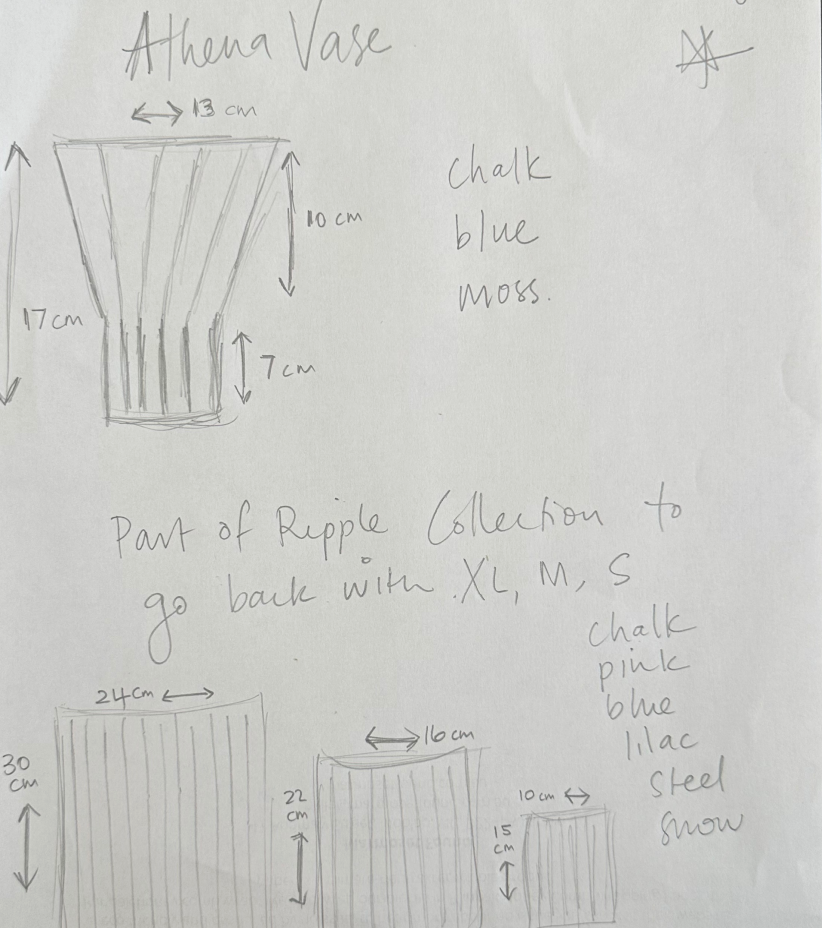 Hand-drawn design of a vase labeled 'Athena Vase' with measurements and color notes on a white background.