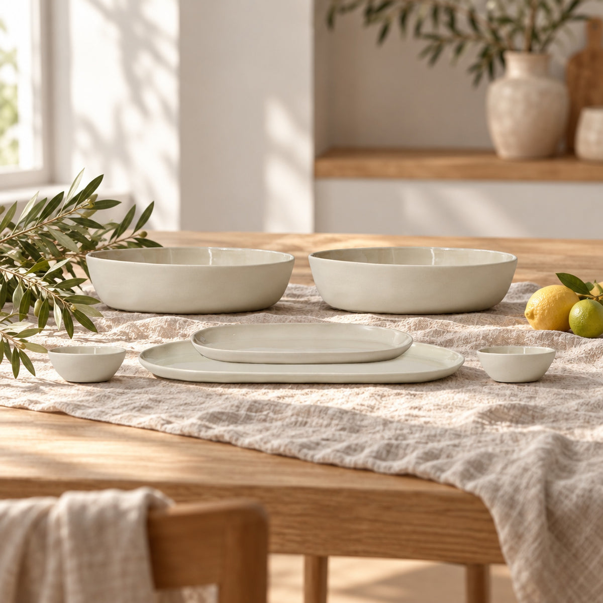 Cloud Value Set Chalk styled on an oak dining table with linen, olive leaves and fruit
