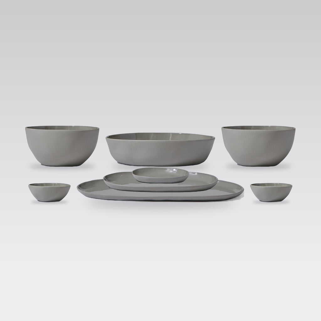 Cloud Value Set Dove Grey: 8 piece Marmoset Found Cloud ceramics set in Dove Grey on a grey studio background