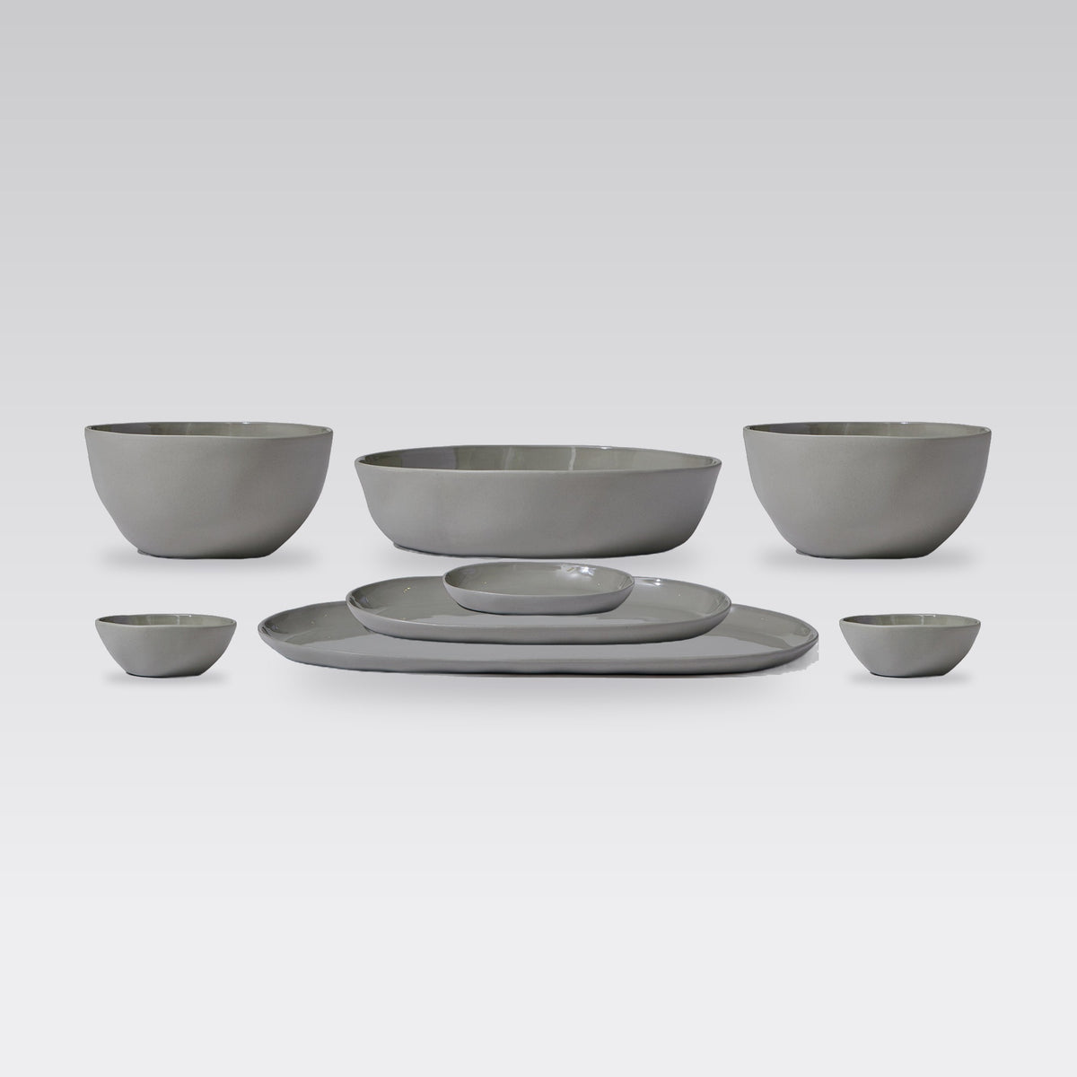Cloud Value Set Dove Grey: 8 piece Marmoset Found Cloud ceramics set in Dove Grey on a grey studio background