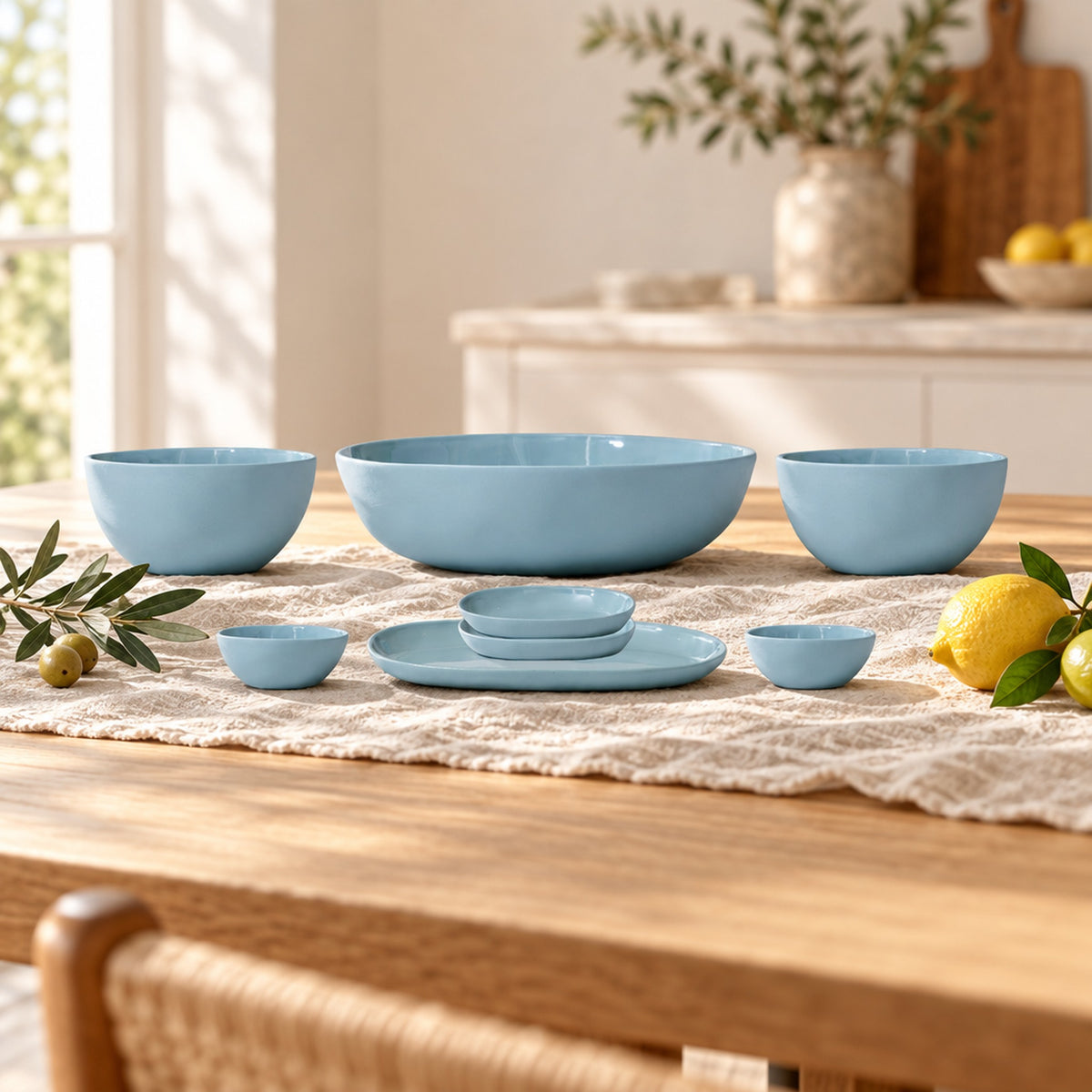 Cloud Value Set Light Blue styled on an oak dining table with linen, olive leaves and fruit